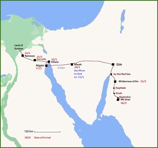 Map of Exodus journey
- Land of Goshen, Rameses, Succoth, Elath, Migdol, Marah, Elim, Wilderness of Sin,
Dophkah, Alush, Rephidim, Mt Sinai.